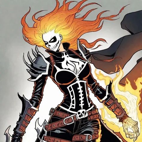 "Anime Female Ghost Rider: A Spectral Avenger in Nordic Armor" Introduction: The world of anime has a rich history of creating unique and captivating characters, each with their own distinctive traits and powers. Imagine a character that combines elements of supernatural fantasy, gothic aesthetics, and powerful Viking lore, resulting in a striking and formidable female anime Ghost Rider. This essay delves into the details of an extraordinary character concept: an anime Female Ghost Rider with Ghost Character Design Female, Evil Villain Character Design, Ghost Rider Aesthetic, Ghost Rider Oc, Female Ghost Rider, Ghost Rider Fanart, Female Punisher, Nordic Armor, Ghost Rider Art