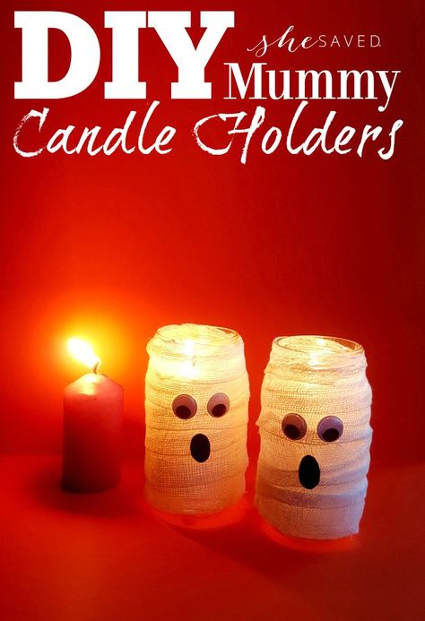 Easy and fun, these DIY Halloween Mummy Candle Holders are a great upcycle craft! Jar Upcycle, Mummy Candles, Mason Jar Halloween Crafts, Candle Holder Lantern, Candle Holder Crafts, Halloween Mason Jars, Craft Projects For Adults, Lantern Candle, Easy Halloween Crafts