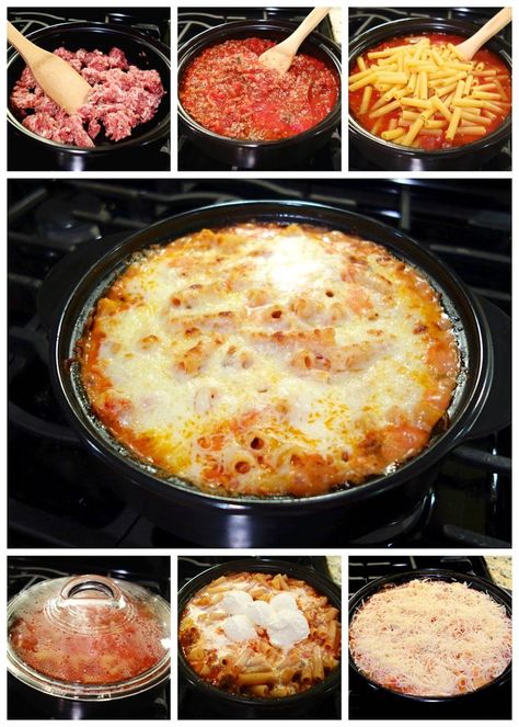 One-Pot Baked Ziti - everything cooks in the same pot, even the pasta!!! Italian sausage, onion, garlic, crushed tomatoes, water, ziti pasta, ricotta, heavy cream and mozzarella cheese - 100% from scratch pasta dish that is ready in under 30 minutes! Everyone (even the kids) LOVES this recipe!! Pampered Chef Recipes Deep Covered Baker Beef Pot Roast, Rockcrock Recipes Pampered Chef, Rock Crock Recipes Pampered Chef, Pampered Chef Rockcrok Recipes, Pampered Chef Rockcrok, Rockcrok Recipes, Crock Recipes, Rock Crock Recipes, Gf Pasta