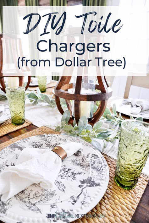 DIY Toile Chargers from Dollar Tree - The Latina Next Door Charger Plates Diy, Dollar Tree Plates, Charger Ideas, Dollar Store Christmas Decorations, Diy Chargers, Christmas Dining Table Decor, Christmas Dining Table, Plates Diy, Dollar Store Christmas