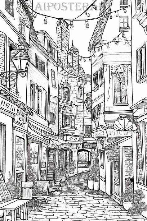 An original illustration of a cobbled medieval European street designed for coloring with lots of intricate details for maximum coloring pleasure. High res image (1792x2688 pixels). Watermark is removed in the download file. View more coloring pages here - https://www.aiposterart.etsy.com/section_id=41136363 If there is something you want custom made, please get in touch, I can probably make it for you! To return to our Etsy shop, click here - https://www.aiposterart.etsy.comThis download is sold for your personal use. Resale or commercial use is not permitted but enquires are welcome.See my downloadable coloring books here - https://www.etsy.com/shop/AIPosterArt?section_id=42310857 Coloring Pages Illustrations, Complicated Coloring Pages, City Buildings Drawing, Cool Coloring Pages Aesthetic, Architecture Coloring Pages, Medieval Town Drawing, Town Coloring Pages, Castle Coloring Pages Free Printable, Aesthetic Colouring Pages Printable