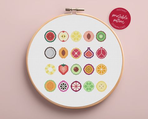 Mini Fruits Cross Stitch Pattern, Set of 20 Fruits Patterns, Cross Stitch Fruit Slices, X Stitch Small Fruits, DIY cross stitch PDF Kawaii Cross Stitch, Cute Christmas Ideas, Cross Stitch Fruit, Fruit Slices, Tiny Cross Stitch, X Stitch, Small Cross Stitch, Completed Cross Stitch, Fruit Slice