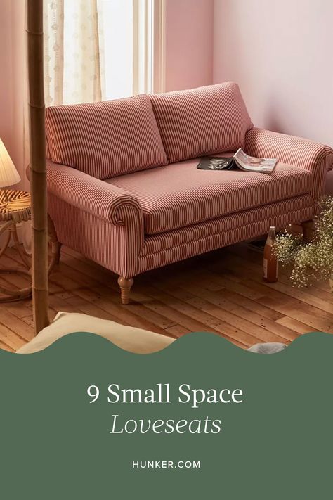 Loveseats For Small Spaces Bedroom, Pink Loveseats For Small Spaces, Seating Small Spaces, Small Sofa Bedroom, Loveseat In Office, Loveseat Bedroom, Loveseat Office, Cute Loveseat, Tiny Sofa Small Spaces