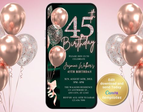 Digital Women's 45th Birthday Party Invitation with Rose Gold Diamond Numbers, Rose Gold Balloons Birthday Dinner - Instant Download Diamond Birthday, 50th Birthday Party Invitations, 55th Birthday, 45th Birthday, Rose Gold Balloons, Balloons Birthday, 70th Birthday Parties, 60th Birthday Party, Green Theme