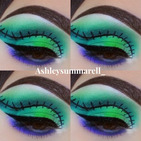 Green Halloween Eye Makeup, Hocus Pocus Eyeshadow Looks, Oogie Boogie Eye Makeup, Fun Halloween Eye Makeup, Halloween Eye Shadow Look, Green Halloween Makeup Ideas, Ghost Eyeshadow Look, Ophir Boogie Makeup, Halloween Inspired Makeup Looks