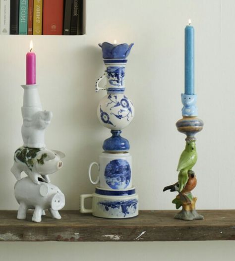 Make candle holders out of random thrift store items. Old China Repurpose, Upcycled Candlesticks, Diy Candle Stick Holder, Chandelier Diy, Diy Candle Sticks, Teacup Crafts, China Crafts, Thrift Store Crafts, Quirky Home Decor