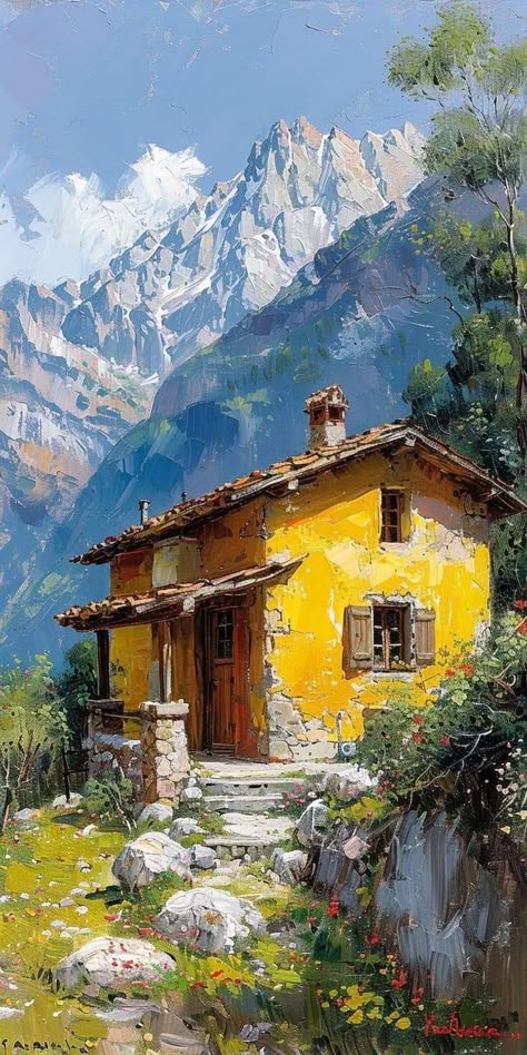 House In Mountains, Peisaj Abstract, Small Wooden House, Mountain Landscape Painting, Watercolor Architecture, Canvas Painting Landscape, Cottage Art, Landscape Art Painting, 수채화 그림