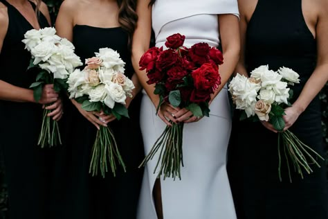 Red Rose Bridal Bouquet, Red Rose Bouquet Wedding, Lauren Tom, Red Bridal Bouquet, Black And White Wedding Theme, Red And White Weddings, Red Wedding Theme, Red Bouquet Wedding, Jungle Scene