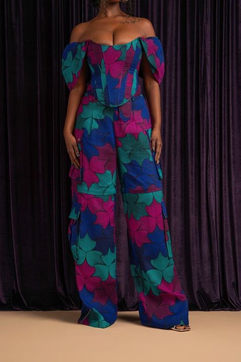 African Jumpsuits For Women Wedding, Corset Dress African Print, African Print Fashion Tops, Ankara Stylish Dresses, Off Shoulder Sleeve Pattern, African Print Corset Top, Ankara Corset Top, Corset Top With Straps, African Outfits For Women