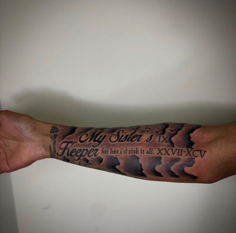 Forearm Tattoo Shading, Rip Tattoos For Brother Sleeve, Forearm Tattoo With Clouds, Name With Clouds Tattoo, Forearm Cloud Tattoo For Men, Clouds And Birds Tattoo, Raw Tattoo Design For Men, Forearm Name Tattoo Men, Quotes For Tattoos Meaningful