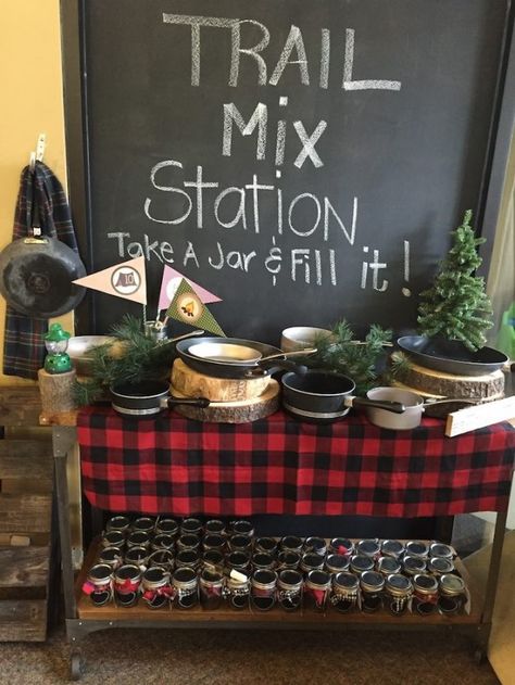 Mix Station from a Rustic Camping Birthday Party via Kara's Party Ideas | KarasPartyIdeas.com (38) Trail Mix Station, Indoor Camping Party, Flannel Party, 4de Verjaardag, Indoor Camping, Lumberjack Birthday, Lumberjack Party, Camping Theme Party, Camping Birthday Party