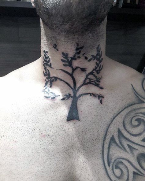 Guys Simple Tree Neck Tattoo Designs Tree Throat Tattoo, Tree Neck Tattoo, Wrist Tree Tattoo, Tree With Birds Tattoo, Simple Tree Tattoo, Tree Roots Tattoo, Tree Tattoo Forearm, Tree Tattoo Arm, Deer Skull Tattoos