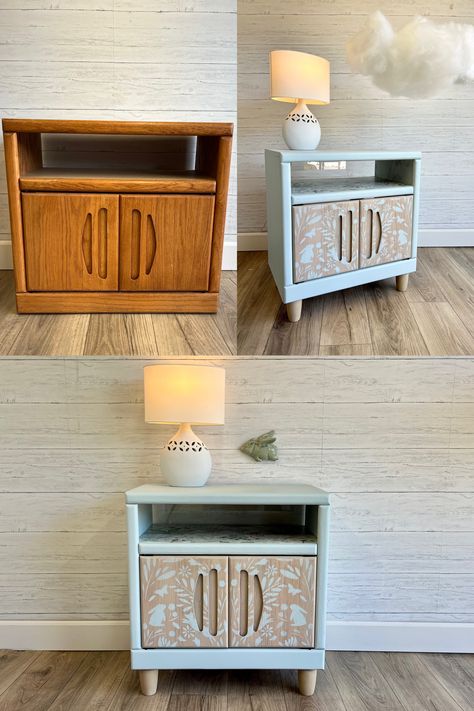 Turn your outdated 80's tv stand into a sweet nightstand! Head over to YouTube, and come with me as I give this unwanted old tv stand I thrifted for FREE a completley new look. Stenciled Tv Stand, Old Tv Stand Makeover, Antique Tv Stand Ideas, Repurposed Tv Stand, Repurposed Tv Cabinet, Tv Stand Upcycle, Tall Corner Tv Stand, Old Tv Stand, Tv Stand Makeover