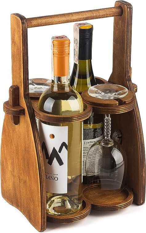 Wooden Wine Caddy Great for on the go! Includes magnetic corkscrew holder! #winecaddy #woodenwinerack #picnic #giftideas #winelovergift #wino Wine Bottle Glass Holder, Wood Wine Bottle Holder, Wood Wine Holder, Wine Organization, Wine Bottle Glasses, Beer Carrier, Bottle Caddy, Beer Caddy, Wine Caddy