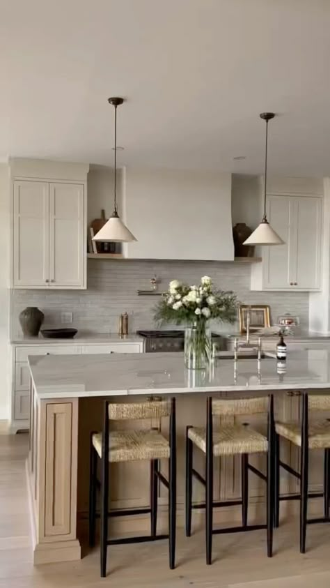 Modern Small Kitchen With Island, Kitchen Remodel Small With Island, Classic Neutral Kitchen, Minimal European Interior, Organic Modern With Dark Floors, White Kitchen Cabinet With Natural Wood Island, Cream Kitchen Wood Island, Small Kitchen Layouts With Island, Beige Cabinets Wood Island