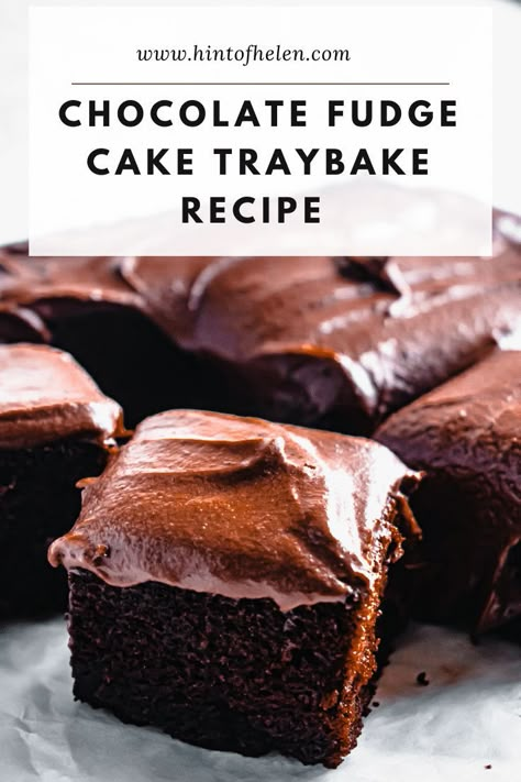 This chocolate fudge cake tray-bake is my go-to chocolate dessert. The sponge is rich, dark, Chocolate Tray Bake Recipes, Chocolate Fudge Cakes, Traybake Dessert Recipes, Chocolate Cake Tray Bake, Tray Bake Recipes Sweets, Tray Bake Birthday Cakes, Easy Chocolate Baking Recipes, Tray Bake Cake Recipes, Easy Chocolate Fudge Cake Recipe