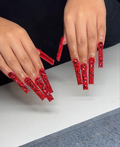 Extra Long Red Nails, Red Long Acrylic Nails With Rhinestones, Red Boujee Nails, Red Bedazzled Nails, Red Nails With Red Rhinestones, Red Stone Nails, Red Nails With Rhinestones Bling, Red Long Nails With Diamonds, Red Bling Acrylic Nails