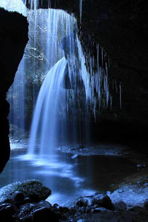 Waterfall At Night Aesthetic, Waterfalls At Night, Dark Waterfall Aesthetic, Cave Behind Waterfall, Ocean Aesthetic Painting, Blue Nature Aesthetic, Dark Waterfall, Waterfall At Night, Ethereal Pictures