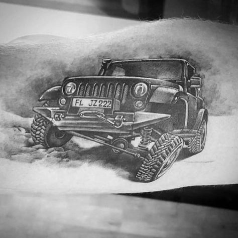 Jeep Tattoos, Jeep Tattoo, Camera Tattoo Design, Jeep Art, Best Jeep, Car Jeep, Movie Tattoos, Fire Tattoo, Car Tattoos