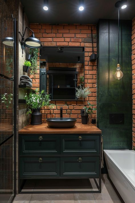 industrial-bathroom-ideas Small Industrial Bathroom, Quirky Bathroom Ideas, Brick Bathroom, Masculine Bathroom, Mens Bathroom, Quirky Bathroom, Industrial Style Bathroom, Cottage Bathroom, Industrial Bathroom