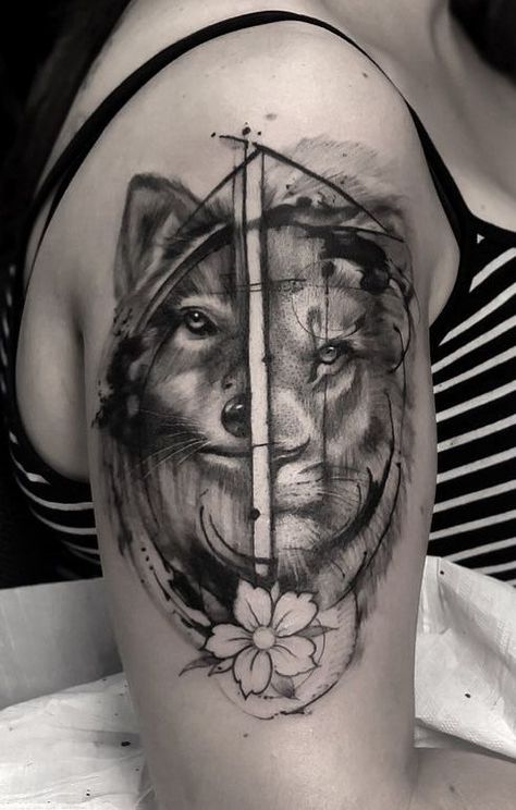 wolf & lion mash-up tattoo © tattoo artist André Felipe 💕🐺🐵🌺💕🐺🐵🌺💕🐺🐵🌺💕🐺🐵🌺💕 Wolf And Lion Tattoo Together, Half Lion Half Wolf Tattoo, Lion And Wolf Tattoo, Wolf Lion Tattoo, Wolf And Lion Tattoo, Lion Wolf Tattoo, Wolf Tattoos For Women, Wolf Tattoo Back, Him And Her Tattoos