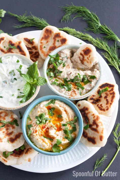 Naan Dippers, Mini Naan, Mezze Platter, Homemade Tzatziki Sauce, Homemade Tzatziki, Baba Ganoush, Clay Oven, Homemade Hummus, Naan Bread