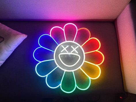 Takashi Murakami Bedroom, Kaws Sunflower, Murakami Flower, Black Bedroom Decor, Pantry Organizer, Sunflower Pillow, Neon Wall Signs, House Vibes, Bedroom Setup