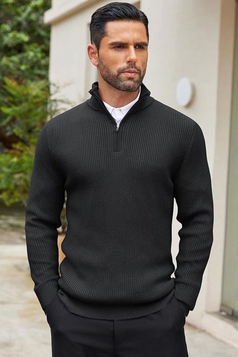 Men's quarter zip jumper is made from soft, skin-friendly, and strech fabric, super soft hand feel, ensuring you stay cozy & warm all day long Quarter Zip Pullover Outfit, Quarter Zip Outfit Men, Zip Sweater Outfit, Quarter Zip Outfit, Knitted Turtleneck, Mens Quarter Zip, Autumn Outfits, Knit Turtleneck Sweater, Winter Sweater