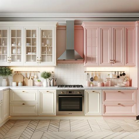 pastel pink and cream two tone kitchen cabinets Small Kitchen Cabinet Color Ideas, Pale Pink Kitchen, Pink And White Kitchen, Cabinet Color Combinations, Small Kitchen Cabinet, Pink Kitchen Cabinets, Kitchen Cupboard Colours, Two Toned Kitchen Cabinets, Cabinet Color Ideas