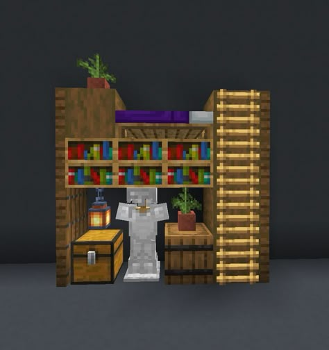 Small and easy Minecraft building idea for a bunk bed and storage area. Decorated with potted plants and bookshelves. Add this simple Minecraft project to your base today! #minecraft Small Bed Design Minecraft, Small Bedroom Minecraft Ideas, Bedroom Ideas For Small Rooms Minecraft, Simple Minecraft Build Ideas, Small Bed Minecraft, Minecraft Bunk Bed Designs, Minecraft Small Room Designs, Minecraft Small Bed Ideas, Small Minecraft Room Ideas