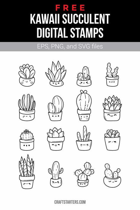 Kawaii Svg Free, Succulent Svg Free, Cute Stamps Design, Cute Succulent Drawing, Succulent Outline, Succulent Doodle, Kawaii Svg, Succulent Svg, Printables Stickers