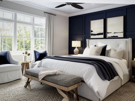 Indigo Accent Wall Bedroom, Smokey Blue Accent Wall Bedroom, Dark Navy Accent Wall Bedroom, Bedroom With Navy Accent Wall, Dark Blue And Grey Bedroom, Bedroom With Blue Accent Wall, Navy Accent Wall Bedroom, Dark Blue Accent Wall Bedroom, Navy Blue Bedroom Aesthetic