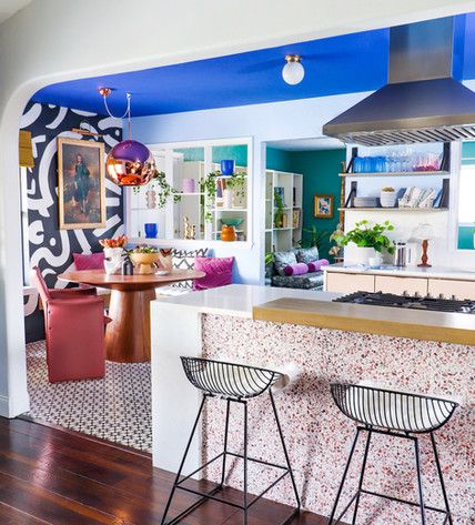 Maximalist House, Maximalist Kitchen, Eclectic Kitchen, Grey Kitchen Cabinets, Upper Cabinets, Blue Kitchens, Indoor Outdoor Living, British Design, Architectural Digest