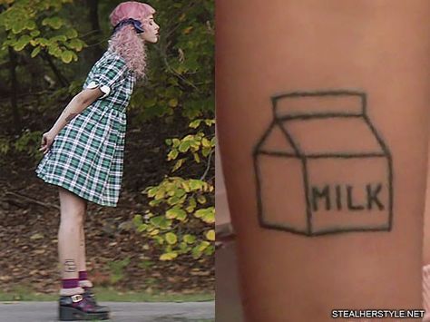 melanie-martinez-milk-leg-tattoo M Tattoos, Tattoo Practice, Cute Tats, Kawaii Tattoo, Steal Her Style, Stylist Tattoos, Poke Tattoo, Baby Tattoos, Arte Sketchbook