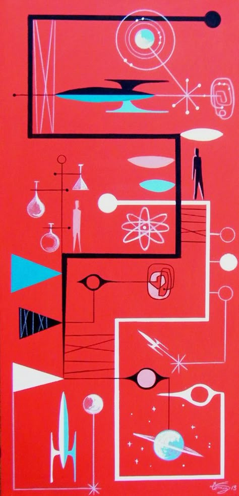 Age Illustration, Atomic Art, Atomic Age Design, Atomic Decor, Atomic Energy, 1950s Fabric, Mcm Art, Space Illustration, Illustration Ideas