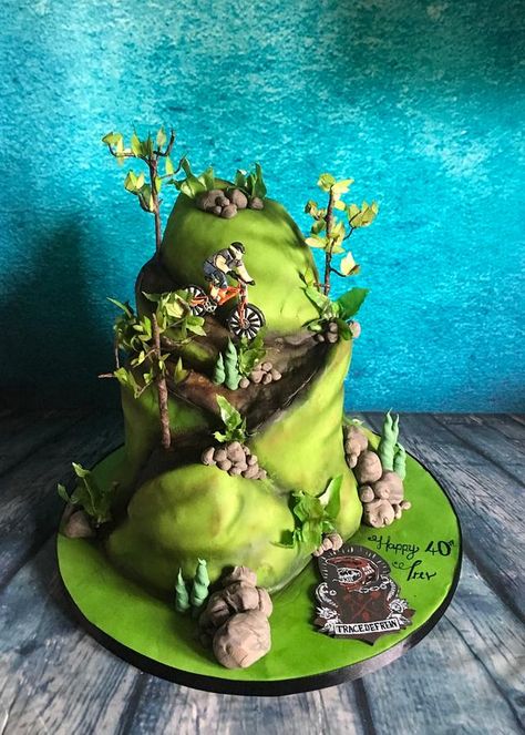 This started as a 2 tier cake, i hacked away and added the trees and airbrushed to get desired effect Cyclist Cake, Mountain Cakes, Brooks Bike, Mountain Bike Cake, Cycling Cake, Jeep Cake, Motorbike Cake, Bicycle Cake, Bike Cake