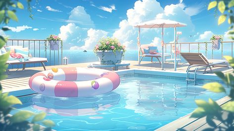 Anime Pool Background, Poolside Background, Anime Summer, Art Eras, Page Background, Summer Pool, Photo Background Images, 3d Background, Summer Landscape