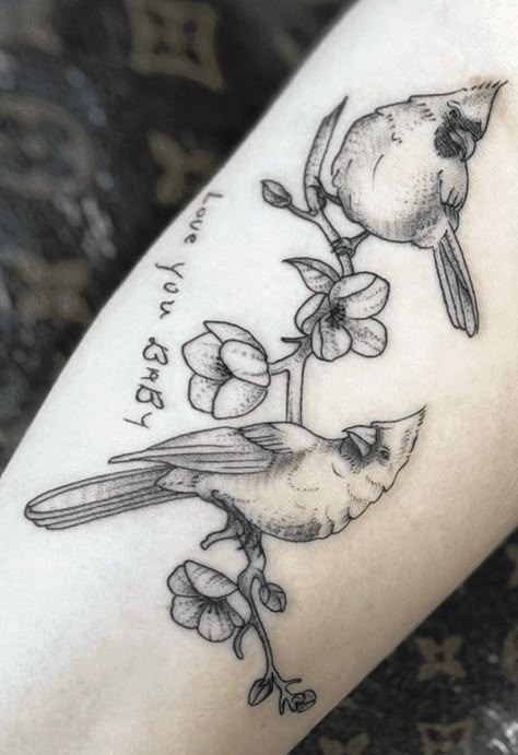 Dogwood And Cardinal Tattoo, Two Red Cardinal Tattoo, Owl And Cardinal Tattoo, Cardinal And Butterfly Tattoo, Cardinal Tattoo Memorial Black And White, Cardinal Tattoo Black And White, Black And White Cardinal Tattoo, Cardinal Tattoos For Women, Remembrance Tattoo Ideas