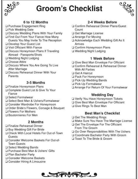 Month By Month Wedding Checklist, Wedding Purchase List, Groom Wedding Essentials, Wedding To Do List Checklist 6 Months, Groom Checklist For Wedding, Wedding Lists Checklist, Grooms Wedding Checklist, Bridal Wardrobe Checklist, Wedding Prices List