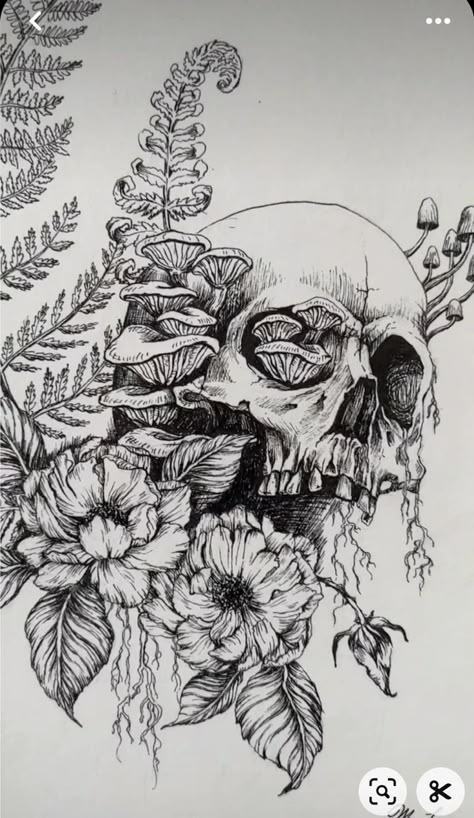 Flowers Growing Out Of Skull, Skulls And Flowers Tattoos, Overgrown Drawing, Mandala Skull Tattoo Design, Skeleton Flower Art, Creepy Flower Tattoos, Skull Floral Tattoo, Overgrown Skull, Gothic Flowers Tattoo