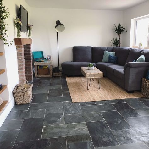 Projects Brooke - Charcoal Grey Slate - living room Charcoal Flooring Living Room, Slate Living Room, Dark Tile Living Room, Slate Floor Living Room, Dark Grey Tiles Living Room, Black Tiles Living Room, Dark Tiles Living Room, Gray Tile Living Room, Slate Tile Floor Living Room