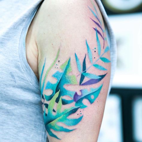 Go Tattoo, Leaves Tattoo, Blue Tattoo, Back Of Shoulder Tattoo, Red Ink Tattoos, Red Tattoos, Shoulder Tattoos For Women, Abstract Tattoo, Nature Tattoos