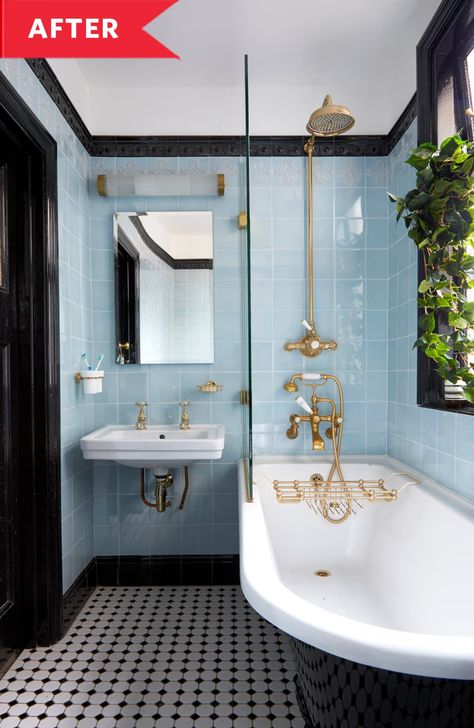 Black Tile Bathrooms, Vintage Style Bathroom, Blue Bathroom Tile, Open Bathroom, Deco Bathroom, Upstairs Bathrooms, Bathroom Redo, Blue Bathroom, Blue Tiles