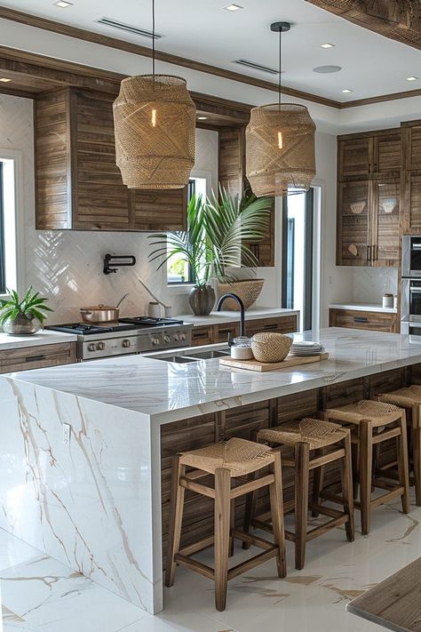 Center Island Kitchen, Modern Walnut Kitchen, Modern Boho Kitchen, Walnut Kitchen Cabinets, Coastal Kitchen Ideas, Tropical Kitchen, Coastal Kitchen Design, Walnut Kitchen, Beach House Kitchens