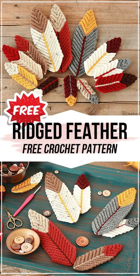 Crocheted Feathers Free Pattern, Feather Knitting Pattern, Thanksgiving Crochet Ideas, Free Crochet Fall Patterns, Free Fall Crochet Patterns, Crochet Feathers Free Pattern, Fall Crochet Patterns Free, Feather Crochet, Thanksgiving Crochet Patterns