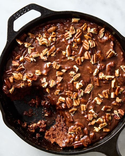 Gooey Skillet Texas Chocolate Sheet Cake Recipe | The Kitchn Skillet Desserts Cast Iron, Texas Skillet, Brownie Skillet, Chocolate Sheet Cake Recipe, Skillet Desserts, Texas Sheet Cake Recipe, Skillet Cake, Gooey Butter, Texas Sheet