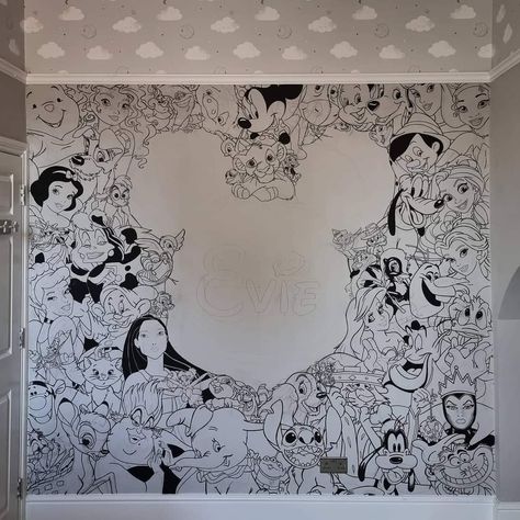 Disney Feature Wall, Disney Bedroom Wall, Disney Wall Murals Bedroom, Disney Collage Wall, Disney Wall Murals Diy, Disney Wall Painting Ideas, Disney Mural Bedroom, Disney Bedrooms Kids, Disney Wall Painting