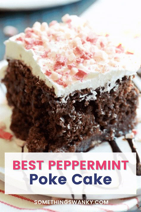 You will love this easy and delicious Christmas cake recipe. Portion control isn't needed here! Since it's a poke cake recipe, you can make this for any occasion which makes it perfect for the holiday season with family or friends. This recipe includes an easy chocolate cake recipe with rich chocolate icing that has a peppermint flavor. Make these tasty desserts with this perfect recipe from Something Swanky! Peppermint Poke Cake, Cake Poke, Chocolate Peppermint Cake, Peppermint Bark Recipes, Pudding Poke Cake, Peppermint Cake, Poke Cake Recipe, Poke Cake Recipes, Dump Cakes