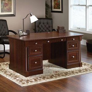 Sauder Palladia Executive Desk, Select Cherry Finish Real Wood Desk, Executive Desk Home Office, Sauder Furniture, Executive Desks, Wood Office Desk, Noi That, Executive Office Desk, Desk Essentials, Pedestal Desk