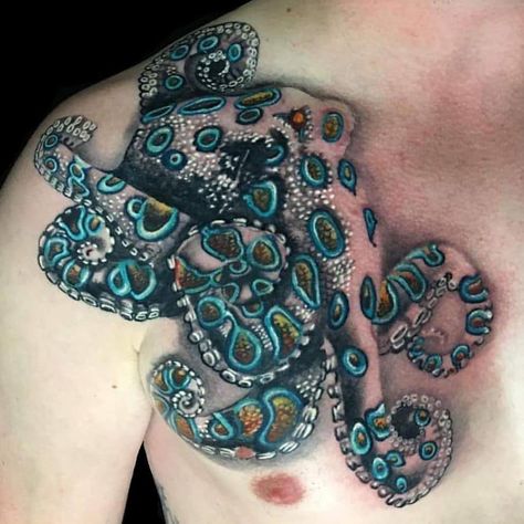 Blue Ringed Octopus Tattoo | Tattoo Ideas and Inspiration Blue Octopus Tattoo, Octopus Calf Tattoo, Female Octopus Tattoo, Blue Ring Octopus Tattoo, Octopus Thigh Tattoo Women, Kraken Tattoo Women, Blue Ringed Octopus Tattoo, Octopus Hand Tattoo, Octopus Tattoos For Women